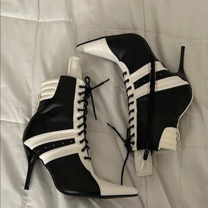 Black & White Lace-Up Stiletto Ankle Boots - Women